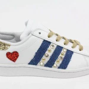 Adidas Superstar Denim Jeans Strass & Cuore Rosso