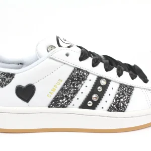 Adidas Campus Glitter Black Silver Cuore Strass & Lacci Raso