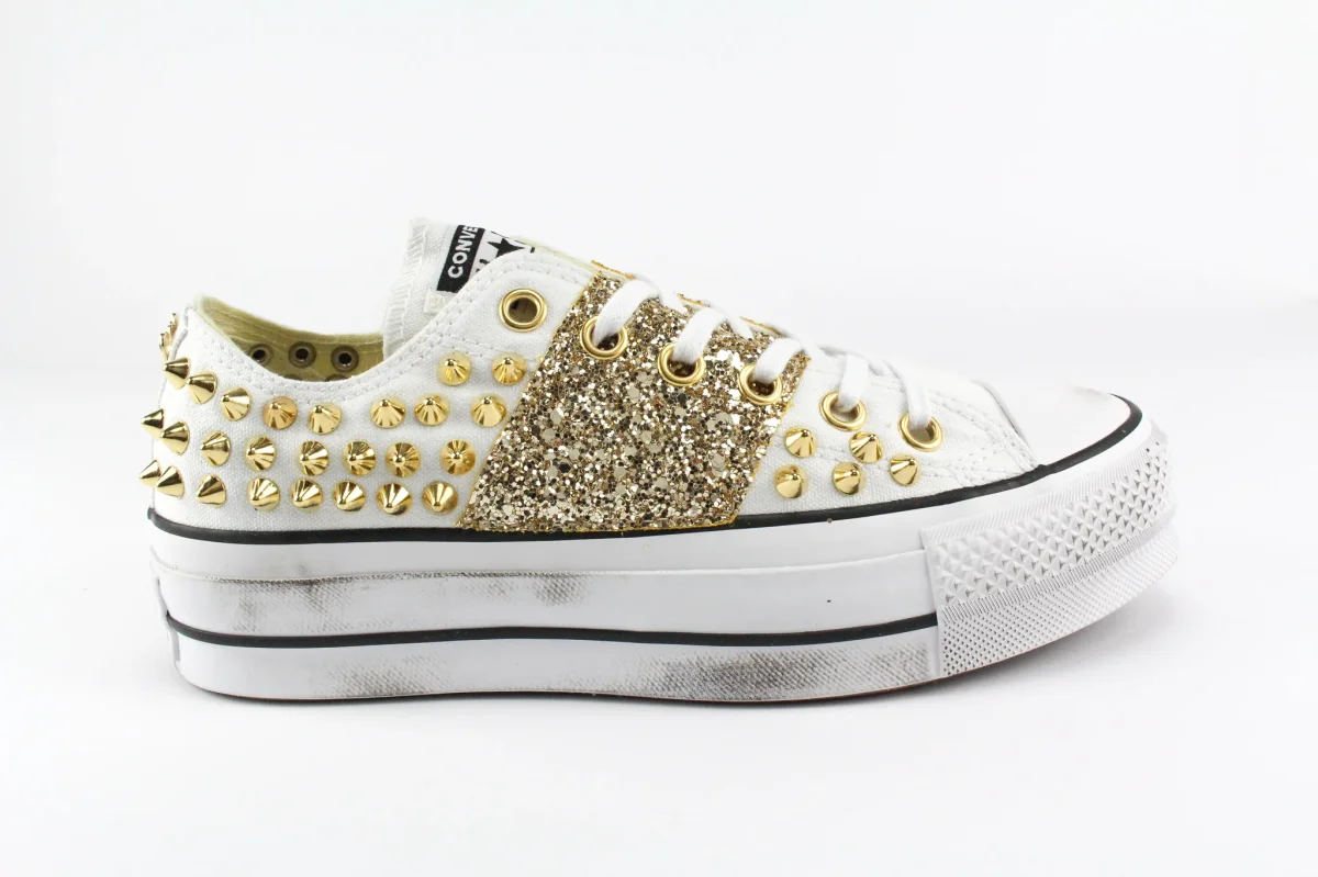 Converse All Star Platform Bassa White Borchie & Gold Glitter