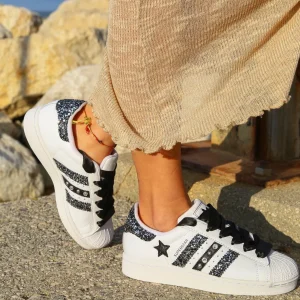 Adidas Superstar Glitter Black Silver Stella Strass & Lacci Raso